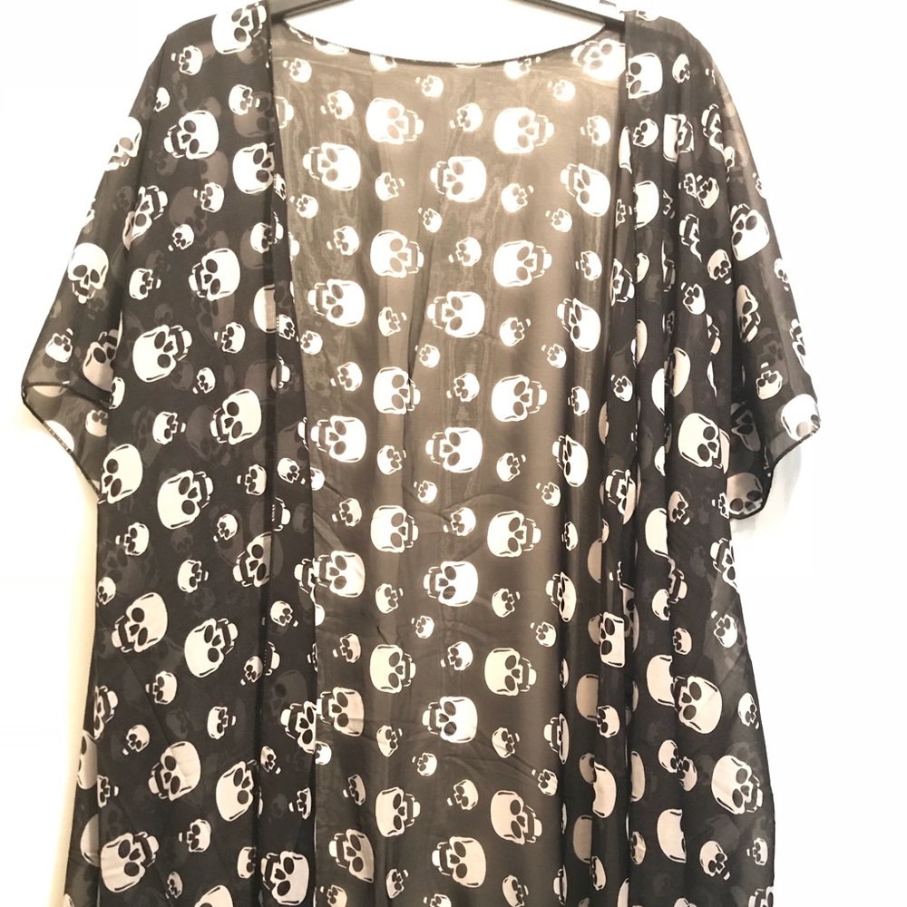 SKULL PRINT SHEER KIMONO FRINGE CHIFFON